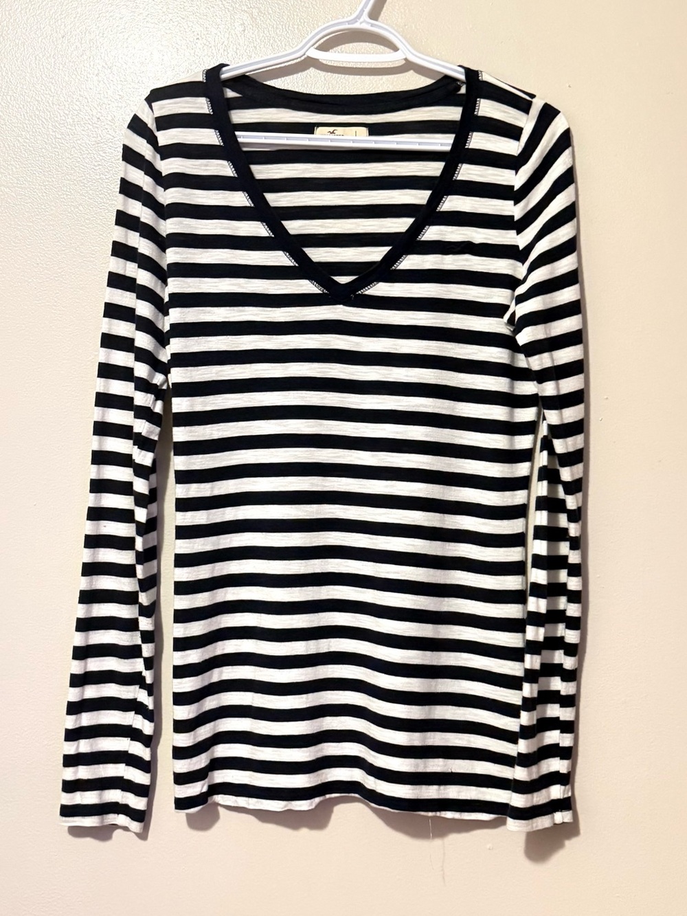 Hollister Navy & White Striped V-Neck Long Sleeve Top